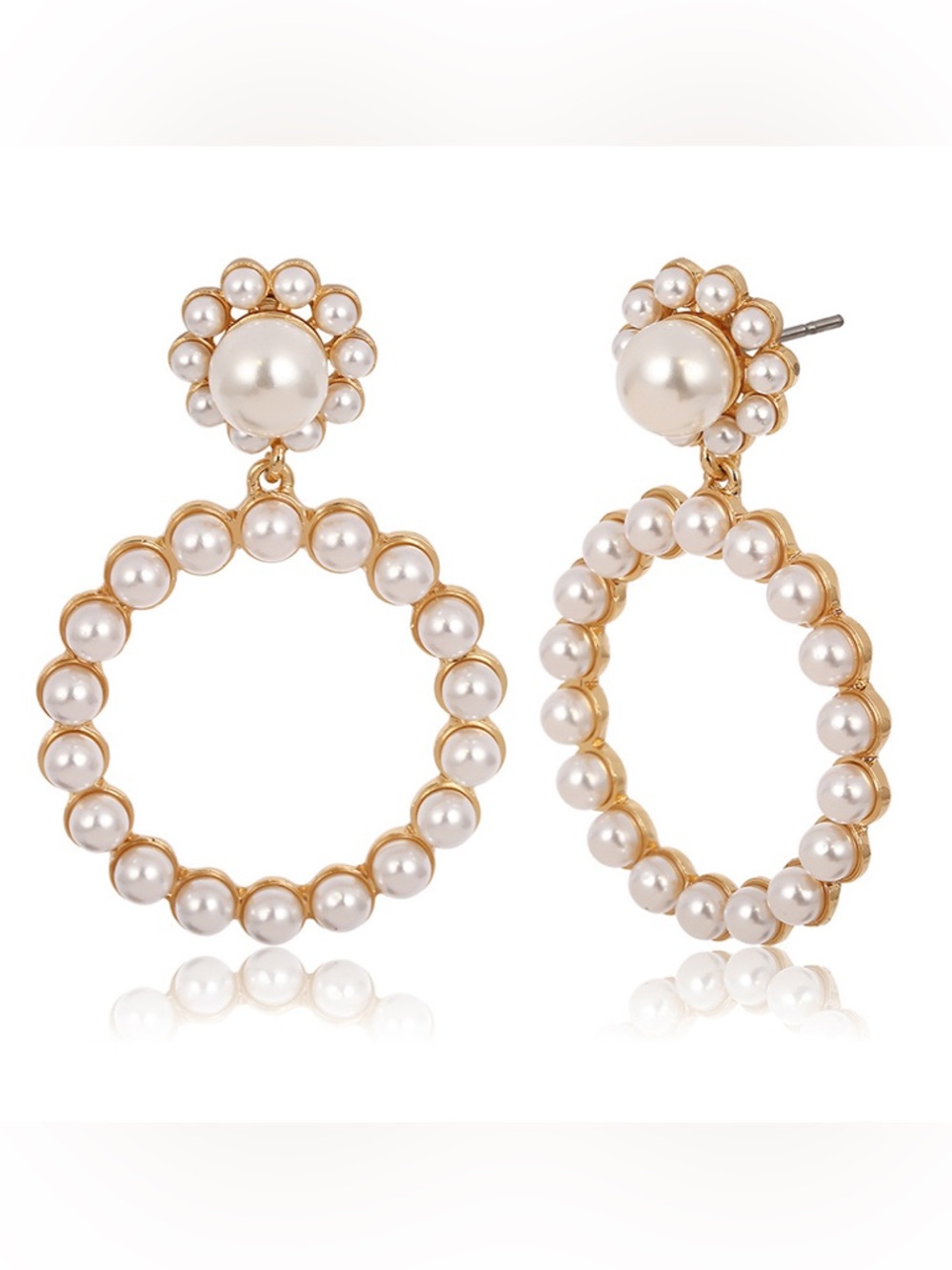 Gold Pearl Halo Hoop Drop Earrings